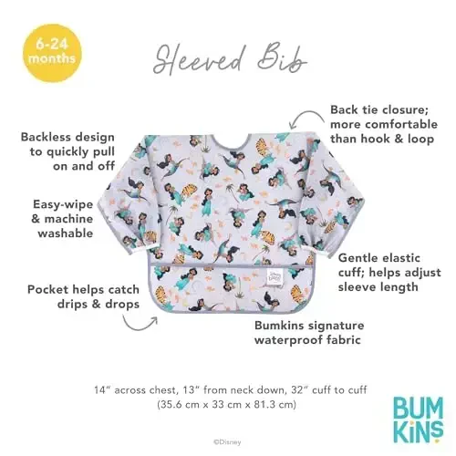 Bumkins Disney Sleeved Bib for Girl or Boy, Baby and Toddler for 6-24 Mos, Essential Must Have for Eating, Feeding, Baby Led Weaning Supplies, Long Sleeve Mess Saving Food Catcher, Jasmine - 5