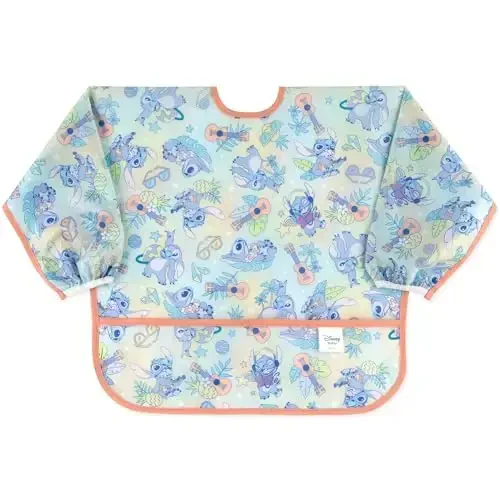 Bumkins Disney Sleeved Bib for Girl or Boy, Baby and Toddler for 6-24 Mos, Essential Must Have for Eating, Feeding, Baby Led Weaning Supplies, Long Sleeve Mess Saving Food Catcher, Aloha Stitch - 1