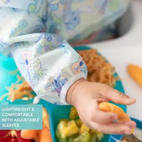 Bumkins Disney Sleeved Bib for Girl or Boy, Baby and Toddler for 6-24 Mos, Essential Must Have for Eating, Feeding, Baby Led Weaning Supplies, Long Sleeve Mess Saving Food Catcher, Aloha Stitch - 4
