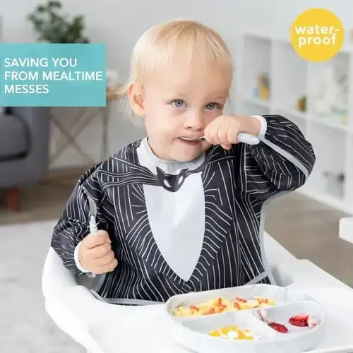 Bumkins Disney Sleeved Bib for Girl or Boy, Baby and Toddler for 6-24 Mos, Essential Must Have for Eating, Feeding, Baby Led Weaning Supplies, Long Sleeve Mess Saving Food Catcher, Jack Skellington - 2