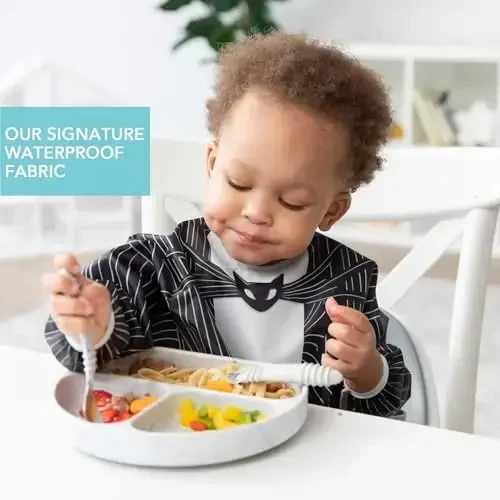 Bumkins Disney Sleeved Bib for Girl or Boy, Baby and Toddler for 6-24 Mos, Essential Must Have for Eating, Feeding, Baby Led Weaning Supplies, Long Sleeve Mess Saving Food Catcher, Jack Skellington - 3