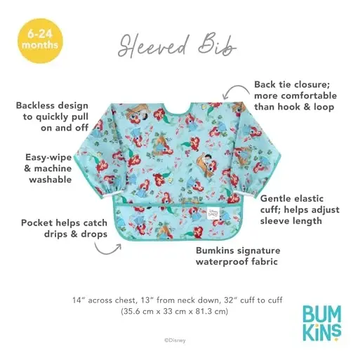 Bumkins Disney Sleeved Bib for Girl or Boy, Baby and Toddler for 6-24 Mos, Essential Must Have for Eating, Feeding, Baby Led Weaning Supplies, Long Sleeve Mess Saving Food Catcher, Soft Fabric, Ariel - 5