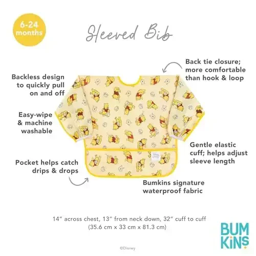Bumkins Disney Sleeved Bib for Girl or Boy, Baby and Toddler for 6-24 Mos, Essential Must Have for Eating, Feeding, Baby Led Weaning, Long Sleeve Mess Saving Food Catcher, Winnie the Pooh Hunny - 5