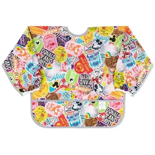 Bumkins Disney Sleeved Bib for Girl or Boy, Baby and Toddler for 6-24 Mos, Essential Must Have for Eating, Feeding, Baby Led Weaning Supplies, Long Sleeve Mess Saving, 100 Years of Fun 