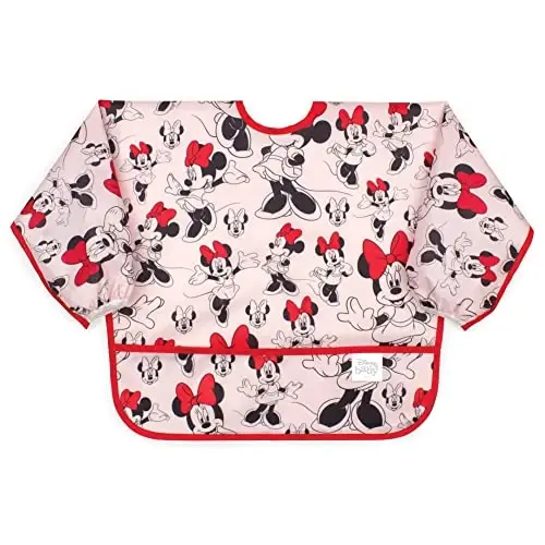 Bumkins Disney Bibs, Baby and Toddler Girls and Boys 6-24 Months, Long Sleeve, Essential Must Have for Eating, Feeding, Mess Saving Lightweight Waterproof Fabric Sleeved Smock, Minnie Mouse Classic - 1