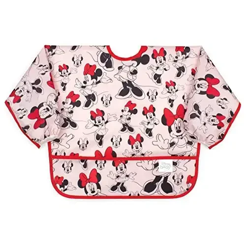 Bumkins Disney Bibs, Baby and Toddler Girls and Boys 6-24 Months, Long Sleeve, Essential Must Have for Eating, Feeding, Mess Saving Lightweight Waterproof Fabric Sleeved Smock, Minnie Mouse Classic 