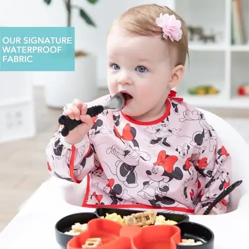 Bumkins Disney Bibs, Baby and Toddler Girls and Boys 6-24 Months, Long Sleeve, Essential Must Have for Eating, Feeding, Mess Saving Lightweight Waterproof Fabric Sleeved Smock, Minnie Mouse Classic - 2