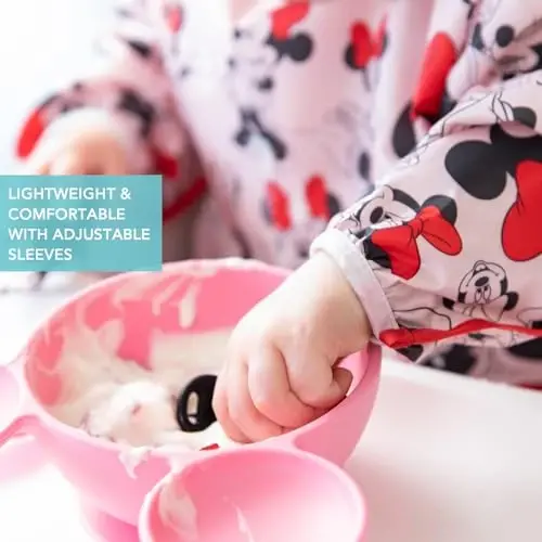 Bumkins Disney Bibs, Baby and Toddler Girls and Boys 6-24 Months, Long Sleeve, Essential Must Have for Eating, Feeding, Mess Saving Lightweight Waterproof Fabric Sleeved Smock, Minnie Mouse Classic - 3