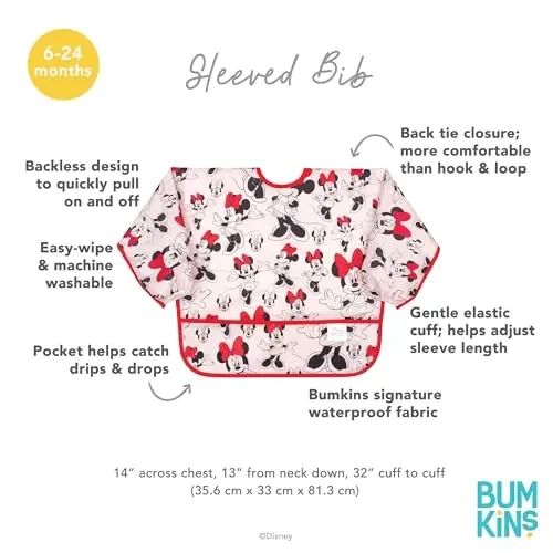 Bumkins Disney Bibs, Baby and Toddler Girls and Boys 6-24 Months, Long Sleeve, Essential Must Have for Eating, Feeding, Mess Saving Lightweight Waterproof Fabric Sleeved Smock, Minnie Mouse Classic - 4