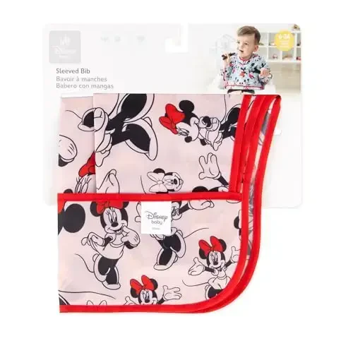 Bumkins Disney Bibs, Baby and Toddler Girls and Boys 6-24 Months, Long Sleeve, Essential Must Have for Eating, Feeding, Mess Saving Lightweight Waterproof Fabric Sleeved Smock, Minnie Mouse Classic - 6