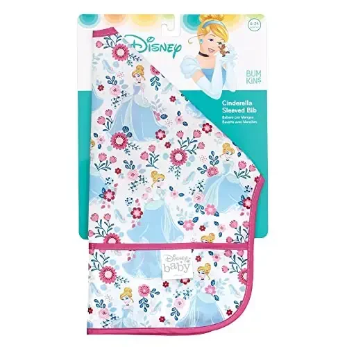 Bumkins Disney Bibs, Baby and Toddler Girls and Boys 6-24 Months, Long Sleeve, Essential Must Have for Eating, Feeding, Mess Saving Lightweight Waterproof Fabric Sleeved Smock, Cinderella - 6