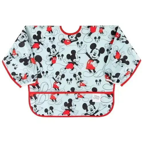 Bumkins Disney Bibs, Baby and Toddler Girls and Boys 6-24 Months, Long Sleeve, Essential Must Have for Eating, Feeding, Mess Saving Lightweight Waterproof Fabric Sleeved Smock, Mickey Mouse Classic - 1