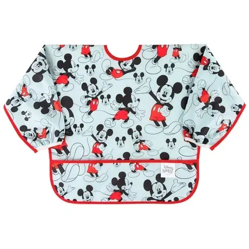 Bumkins Disney Bibs, Baby and Toddler Girls and Boys 6-24 Months, Long Sleeve, Essential Must Have for Eating, Feeding, Mess Saving Lightweight Waterproof Fabric Sleeved Smock, Mickey Mouse Classic - MODAZONE