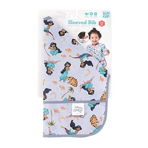 Bumkins Disney qiz yoki o'g'il bola uchun yengli bib, 6-24 oylik chaqaloq va go'dak uchun, ovqatlanish, emizish, chaqaloqni emizish uchun zarur bo'lgan narsa, uzun yengli ovqat tutgich, Jasmine - 6