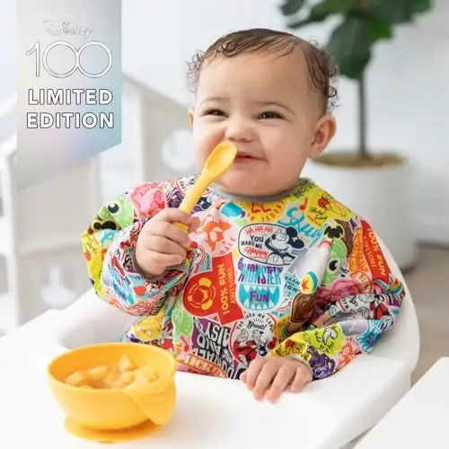 Bumkins Disney qiz yoki o'g'il bola uchun yengli bib, chaqaloq va yosh bola uchun 6-24 oy, ovqatlanish, emizish, chaqaloqlarni etakchi emizish uchun zarur bo'lgan narsa, uzun yengli aralashmani tejash, 100 yillik qiziqarli - 2