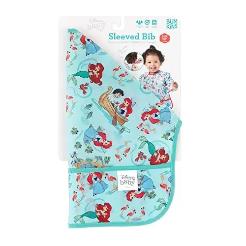 Bumkins Disney qiz yoki o'g'il bola uchun yengli bib, chaqaloq va yosh bolalar uchun 6-24 oy, ovqatlanish, emizish, chaqaloqlar uchun zarur bo'lgan narsalar, uzun yengli ovqat ushlagich, yumshoq mato, Ariel - 5