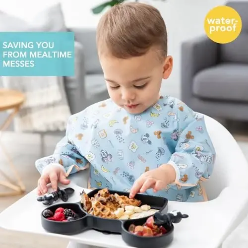 Bumkins Disney qiz yoki o'g'il bolalar uchun yengli bib, 6-24 oylik chaqaloq va yosh bolalar uchun, ovqatlanish, emizish, chaqaloqlar uchun zarur bo'lgan narsalar, uzun yengli ovqat ushlagich, Mikki va Minni - 2