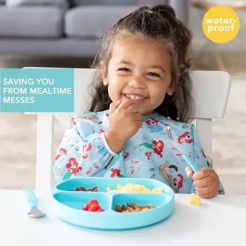 Bumkins Disney Sleeved Bib для девочки или мальчика, нагрудник с рукавами для малышей 6-24 месяцев, необходимый для еды, кормления, прикорма, длинный рукав с карманом для сбора еды, мягкая ткань, Ариэль - MODAZONE (1)