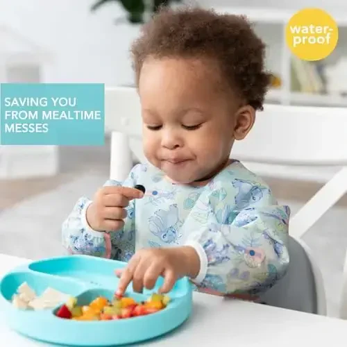 Bumkins Disney Sleeved Bib для девочки или мальчика, нагрудник с рукавами для малышей 6-24 месяцев, незаменимая вещь для еды, кормления, прикорма, длинный рукав для защиты от беспорядка, Aloha Stitch - 2