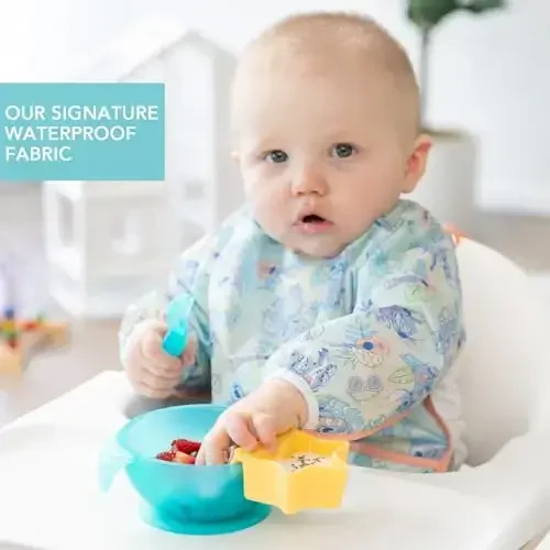 Bumkins Disney Sleeved Bib для девочки или мальчика, нагрудник с рукавами для малышей 6-24 месяцев, незаменимая вещь для еды, кормления, прикорма, длинный рукав для защиты от беспорядка, Aloha Stitch - 3