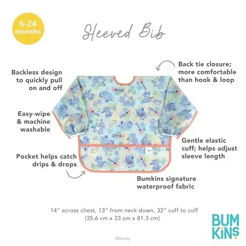 Bumkins Disney Sleeved Bib для девочки или мальчика, нагрудник с рукавами для малышей 6-24 месяцев, незаменимая вещь для еды, кормления, прикорма, длинный рукав для защиты от беспорядка, Aloha Stitch - 5