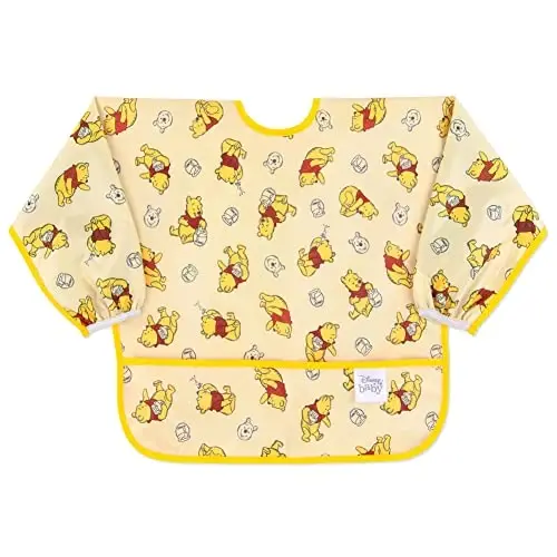 Bumkins Disney Sleeved Bib for Girl or Boy, Baby and Toddler for 6-24 Mos, Essential Must Have for Eating, Feeding, Baby Led Weaning, Long Sleeve Mess Saving Food Catcher, Winnie the Pooh Hunny 