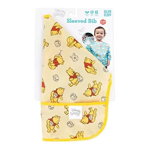 Bumkins Disney Sleeved Bib for Girl or Boy, Baby and Toddler for 6-24 Mos, Essential Must Have for Eating, Feeding, Baby Led Weaning, Long Sleeve Mess Saving Food Catcher, Winnie the Pooh Hunny - 6