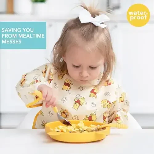 Bumkins Disney Sleeved Bib for Girl or Boy, Baby and Toddler for 6-24 Mos, Essential Must Have for Eating, Feeding, Baby Led Weaning, Long Sleeve Mess Saving Food Catcher, Winnie the Pooh Hunny - 3