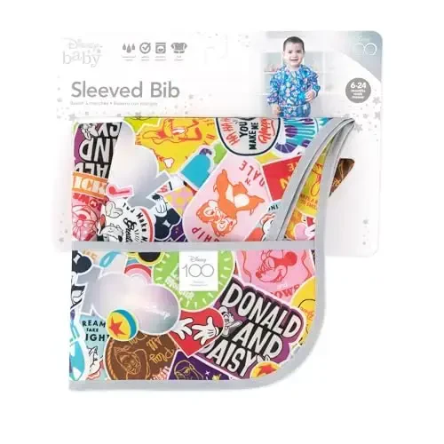 Bumkins Disney Sleeved Bib for Girl or Boy, Baby and Toddler for 6-24 Mos, Essential Must Have for Eating, Feeding, Baby Led Weaning Supplies, Long Sleeve Mess Saving, 100 Years of Fun - 6