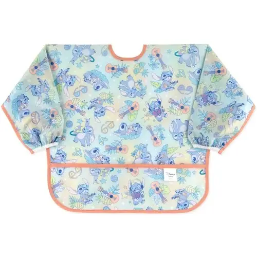Bumkins Disney Sleeved Bib for Girl or Boy, Baby and Toddler for 6-24 Mos, Essential Must Have for Eating, Feeding, Baby Led Weaning Supplies, Long Sleeve Mess Saving Food Catcher, Aloha Stitch 