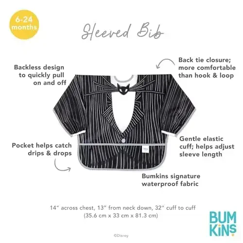 Bumkins Disney Sleeved Bib for Girl or Boy, Baby and Toddler for 6-24 Mos, Essential Must Have for Eating, Feeding, Baby Led Weaning Supplies, Long Sleeve Mess Saving Food Catcher, Jack Skellington - 4