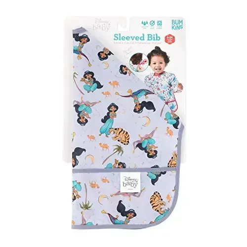 Bumkins Disney Sleeved Bib for Girl or Boy, Baby and Toddler for 6-24 Mos, Essential Must Have for Eating, Feeding, Baby Led Weaning Supplies, Long Sleeve Mess Saving Food Catcher, Jasmine - 6
