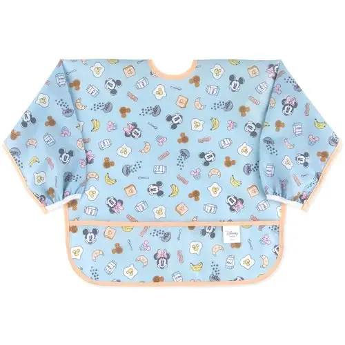 Bumkins Disney Sleeved Bib for Girl or Boy, Baby and Toddler for 6-24 Mos, Essential Must Have for Eating, Feeding, Baby Led Weaning Supplies, Long Sleeve Mess Saving Food Catcher, Mickey and Minnie 