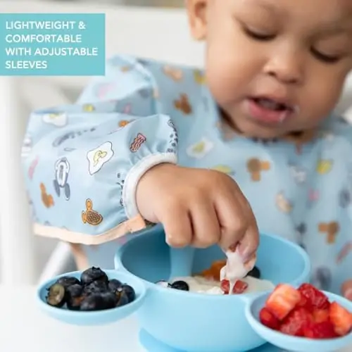 Bumkins Disney Sleeved Bib for Girl or Boy, Baby and Toddler for 6-24 Mos, Essential Must Have for Eating, Feeding, Baby Led Weaning Supplies, Long Sleeve Mess Saving Food Catcher, Mickey and Minnie - 4
