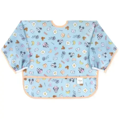 Bumkins Disney Sleeved Bib for Girl or Boy, Baby and Toddler for 6-24 Mos, Essential Must Have for Eating, Feeding, Baby Led Weaning Supplies, Long Sleeve Mess Saving Food Catcher, Mickey and Minnie 