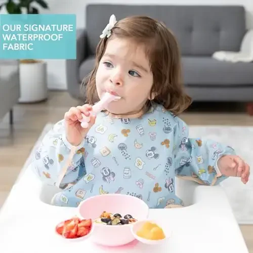 Bumkins Disney Sleeved Bib for Girl or Boy, Baby and Toddler for 6-24 Mos, Essential Must Have for Eating, Feeding, Baby Led Weaning Supplies, Long Sleeve Mess Saving Food Catcher, Mickey and Minnie - 3