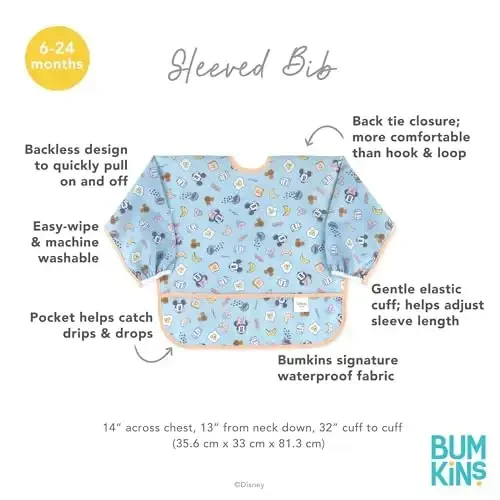 Bumkins Disney Sleeved Bib for Girl or Boy, Baby and Toddler for 6-24 Mos, Essential Must Have for Eating, Feeding, Baby Led Weaning Supplies, Long Sleeve Mess Saving Food Catcher, Mickey and Minnie - 5