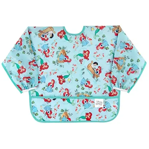 Bumkins Disney Sleeved Bib for Girl or Boy, Baby and Toddler for 6-24 Mos, Essential Must Have for Eating, Feeding, Baby Led Weaning Supplies, Long Sleeve Mess Saving Food Catcher, Soft Fabric, Ariel 