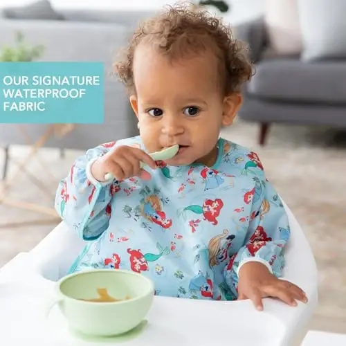 Bumkins Disney Sleeved Bib for Girl or Boy, Baby and Toddler for 6-24 Mos, Essential Must Have for Eating, Feeding, Baby Led Weaning Supplies, Long Sleeve Mess Saving Food Catcher, Soft Fabric, Ariel - BUMKINS (1)