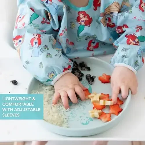 Bumkins Disney Sleeved Bib for Girl or Boy, Baby and Toddler for 6-24 Mos, Essential Must Have for Eating, Feeding, Baby Led Weaning Supplies, Long Sleeve Mess Saving Food Catcher, Soft Fabric, Ariel - 4