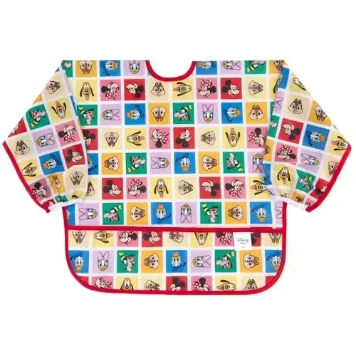 Bumkins Disney Sleeved Bib for Girl or Boy, Baby and Toddler for 6-24 Mos, Essential Must Have for Eating, Feeding, Baby Led Weaning Supplies, Long Sleeve Mess Saving, Mickey and Friends Check Mates - MODAZONE