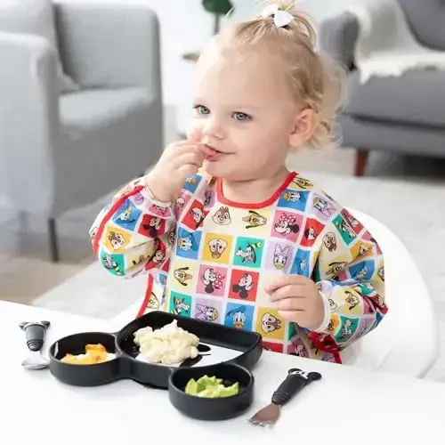 Bumkins Disney Sleeved Bib for Girl or Boy, Baby and Toddler for 6-24 Mos, Essential Must Have for Eating, Feeding, Baby Led Weaning Supplies, Long Sleeve Mess Saving, Mickey and Friends Check Mates - MODAZONE (1)