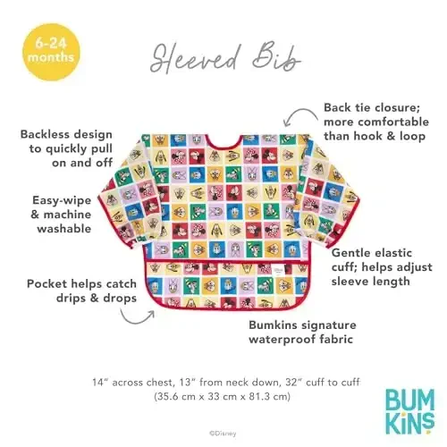 Bumkins Disney Sleeved Bib for Girl or Boy, Baby and Toddler for 6-24 Mos, Essential Must Have for Eating, Feeding, Baby Led Weaning Supplies, Long Sleeve Mess Saving, Mickey and Friends Check Mates - 5