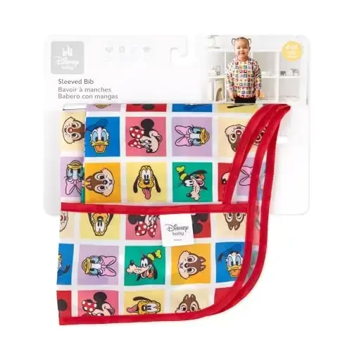 Bumkins Disney Sleeved Bib for Girl or Boy, Baby and Toddler for 6-24 Mos, Essential Must Have for Eating, Feeding, Baby Led Weaning Supplies, Long Sleeve Mess Saving, Mickey and Friends Check Mates - 6