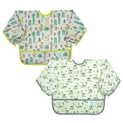 Bumkins - Sleeved Bib - For Boys & Girls, Babies & Toddlers 6-24 Months - Lightweight, Durable, Waterproof - Long Sleeve Bib - Catch-All Pocket - Wipeable & Machine Washable - Cactus & Llama - 2 Pack - 1