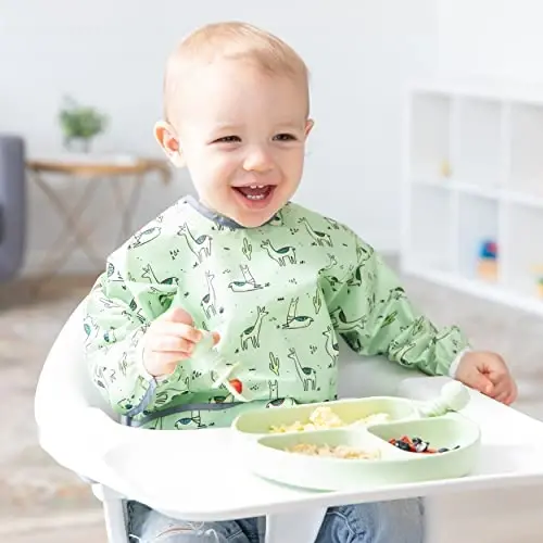 Bumkins - Sleeved Bib - For Boys & Girls, Babies & Toddlers 6-24 Months - Lightweight, Durable, Waterproof - Long Sleeve Bib - Catch-All Pocket - Wipeable & Machine Washable - Cactus & Llama - 2 Pack - 3