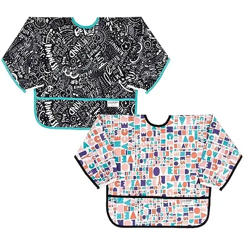 Bumkins - Sleeved Bib - For Boys & Girls, Babies & Toddlers 6-24 Months - Lightweight, Durable, Waterproof - Long Sleeve Bib - Catch-All Pocket - Wipeable & Machine Washable - Btwf - 2 Pack - 1