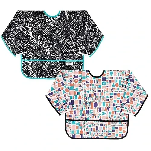Bumkins - Sleeved Bib - For Boys & Girls, Babies & Toddlers 6-24 Months - Lightweight, Durable, Waterproof - Long Sleeve Bib - Catch-All Pocket - Wipeable & Machine Washable - Btwf - 2 Pack - MODAZONE