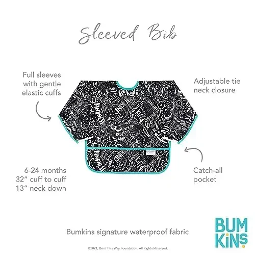 Bumkins - Sleeved Bib - For Boys & Girls, Babies & Toddlers 6-24 Months - Lightweight, Durable, Waterproof - Long Sleeve Bib - Catch-All Pocket - Wipeable & Machine Washable - Btwf - 2 Pack - 5