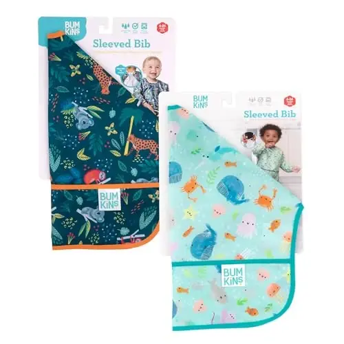 Bumkins - Sleeved Bib - For Boys & Girls, Babies & Toddlers 6-24 Months - Lightweight, Durable, Waterproof - Long Sleeve Bib - Catch-All Pocket - Wipeable & Machine Washable - Jungle & Ocean - 2 Pack - 6